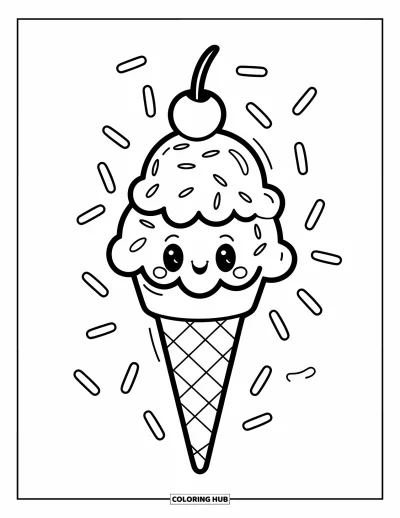 Desenho de casquinha de sorvete para colorir para crianças: Uma casquinha dupla com granulado caindo e uma cereja no topo
