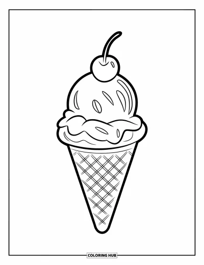 Desenho de casquinha de sorvete para colorir para crianças: Um cone de waffle com uma bola e cereja é desenhado com contornos limpos
