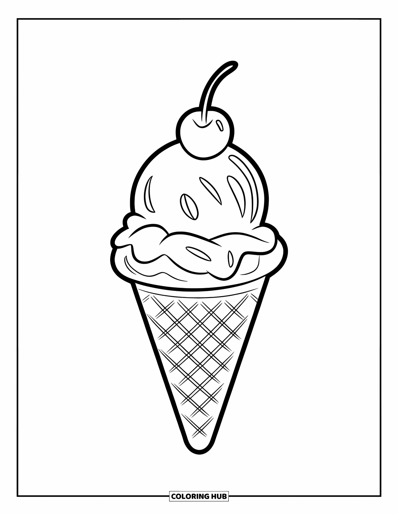 Ice Cream Cone Coloring Page for Kids: A waffle cone with one scoop and cherry is drawn with clean outlines