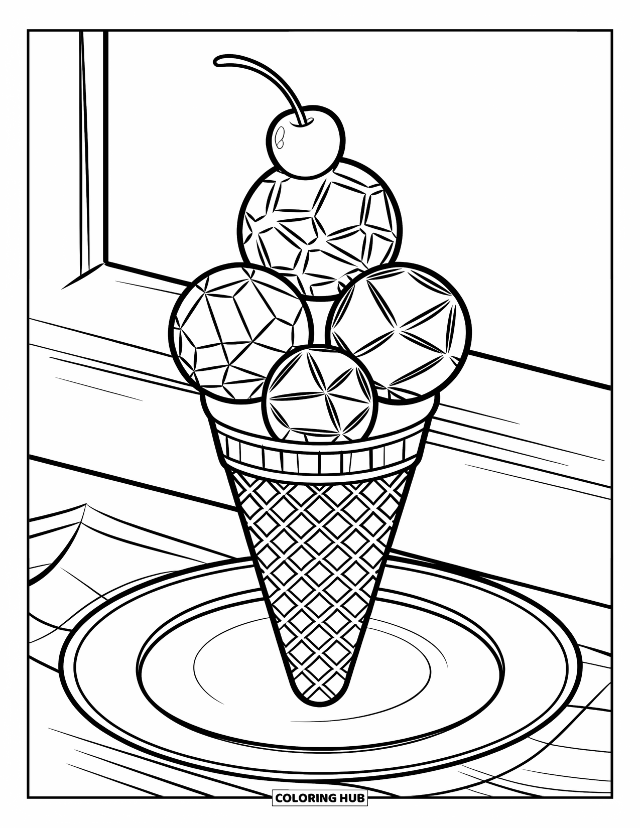 Ice Cream Cone Coloring Page for Kids: A waffle cone with patterned scoops and a cherry is set on a dish