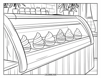 Desenho de casquinha de sorvete para colorir para crianças: Um balcão de madeira com casquinhas e bolas fica ao lado de vasos de plantas