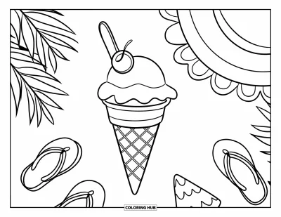 Desenho de casquinha de sorvete para colorir para crianças: Uma casquinha com uma bola em palito está entre acessórios de verão