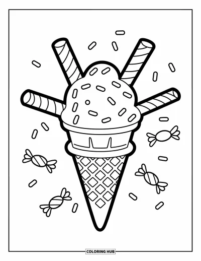 Desenho de casquinha de sorvete para colorir para crianças: Uma casquinha com palitos de doce e granulado flutua de forma brincalhona ao redor
