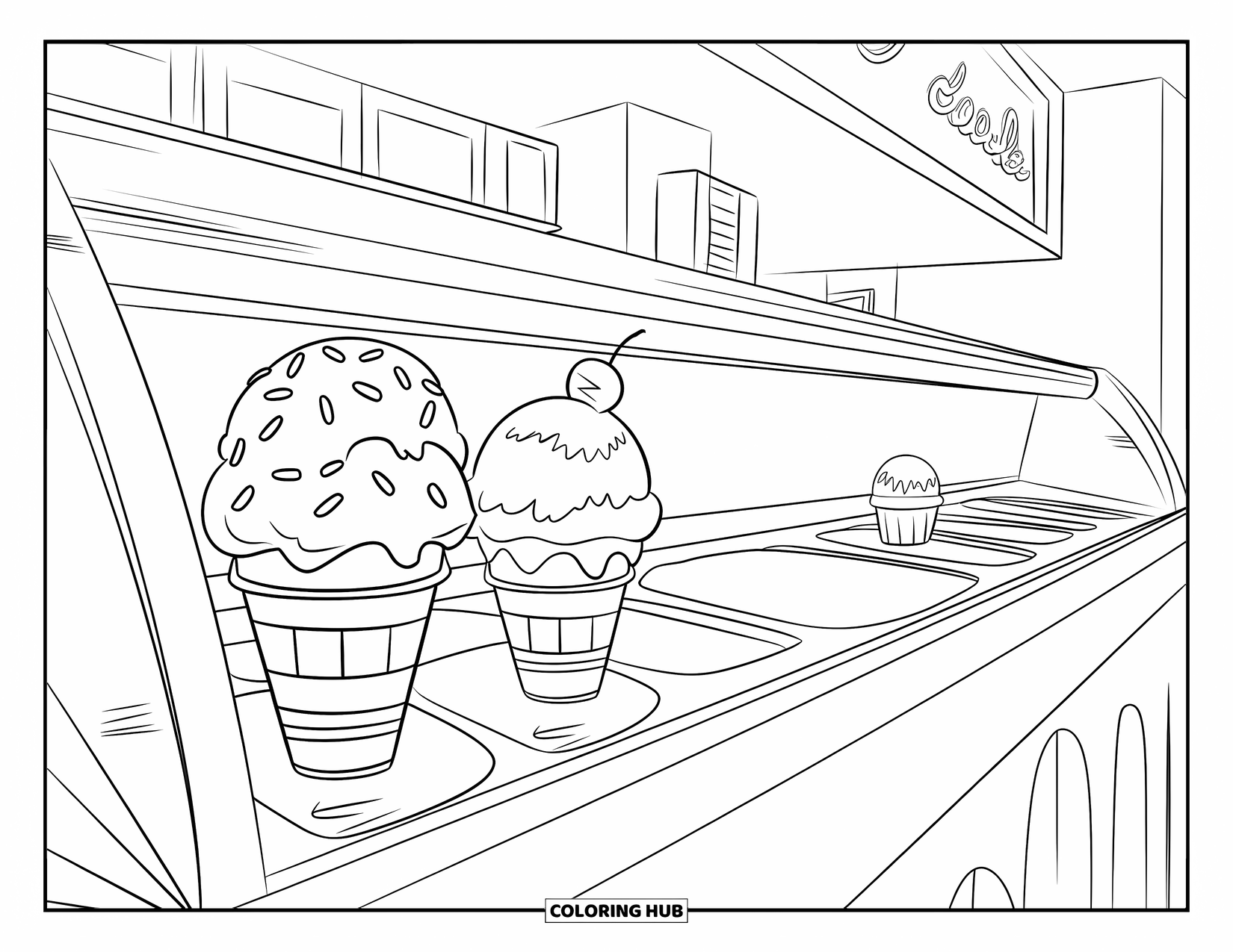Ice Cream Cone Coloring Page for Kids: An ice cream counter shows cones with sprinkles and a cherry on top