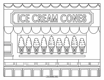 Desenho de casquinha de sorvete para colorir para crianças: O balcão de uma sorveteria exibe uma fileira de casquinhas sob uma placa