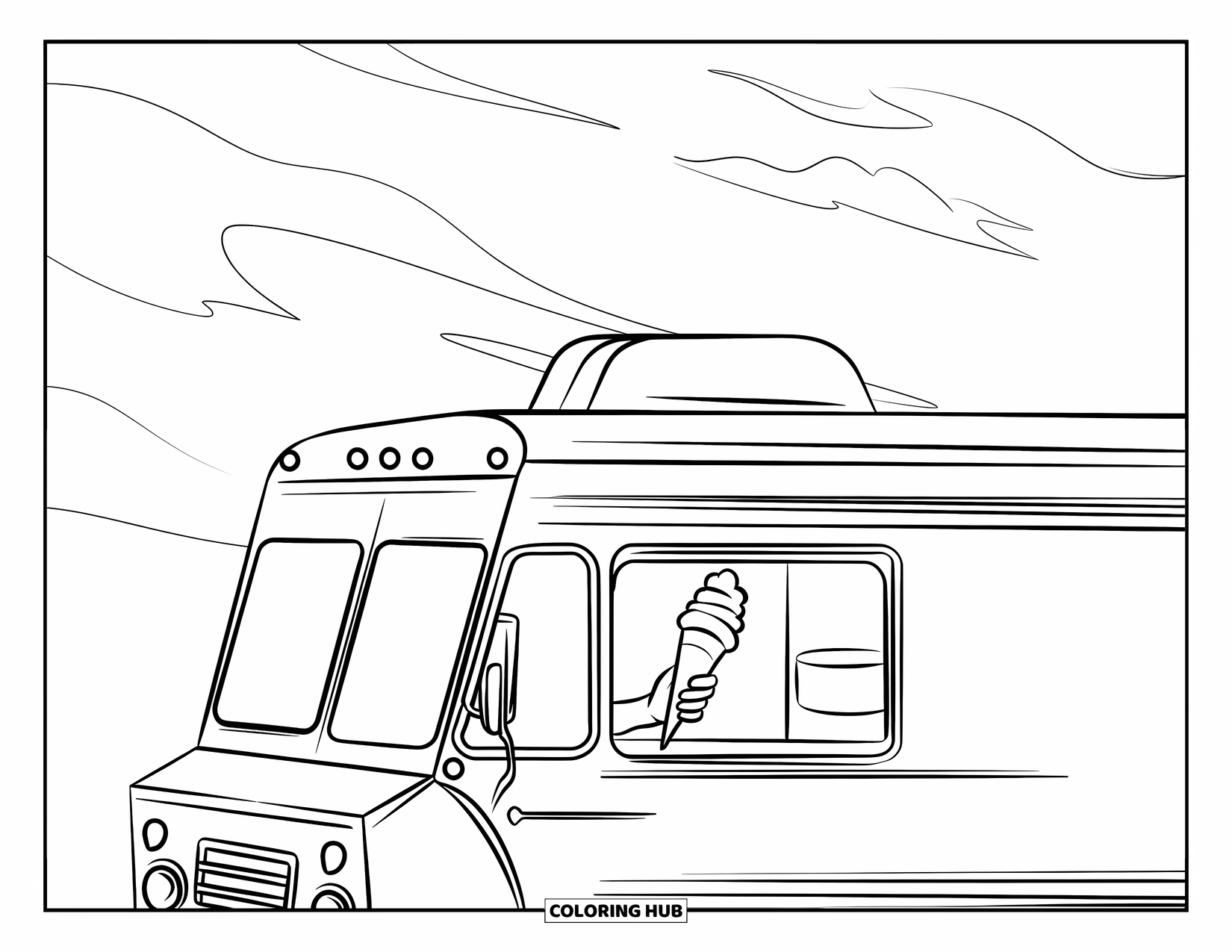 Ice Cream Cone Coloring Page for Kids: An ice cream truck window shows a cone held against drifting clouds