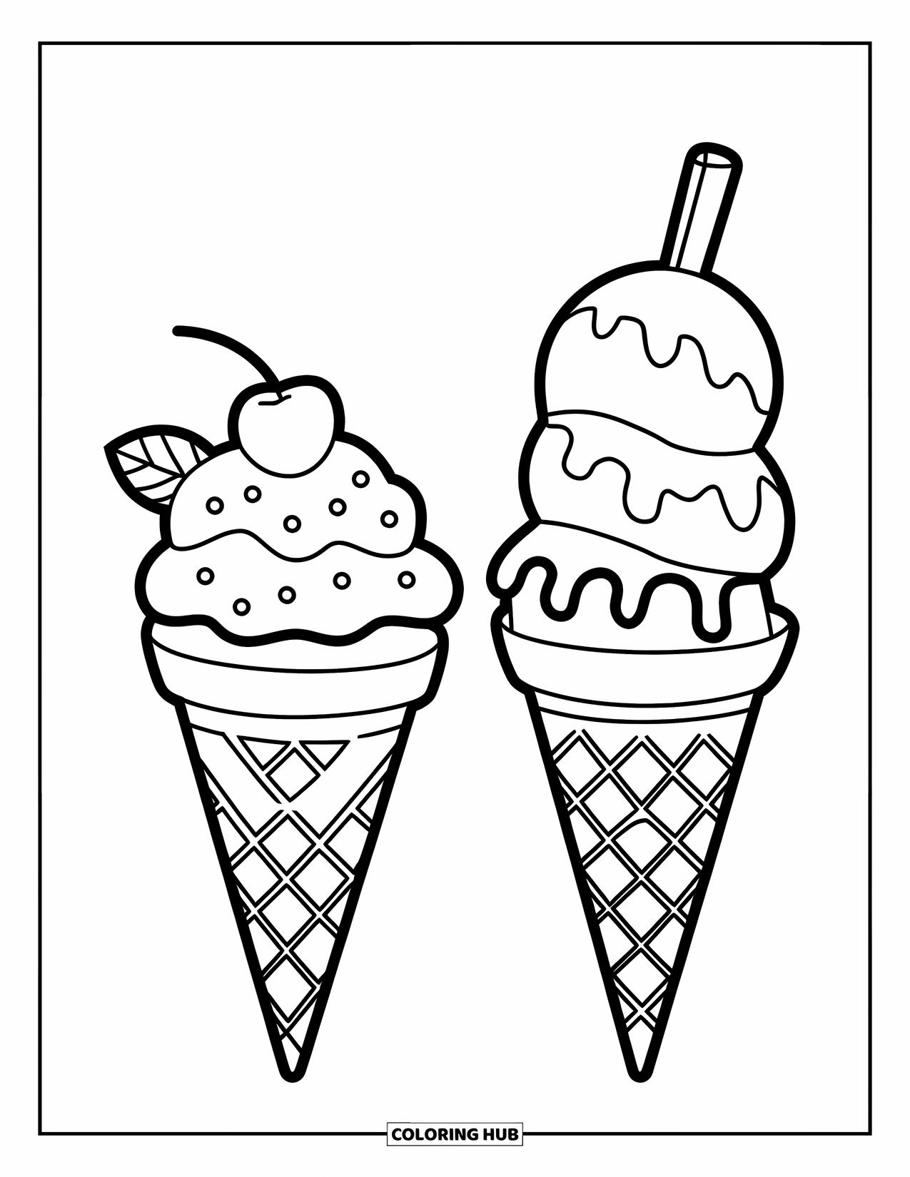 Ice Cream Cone Coloring Page for Kids: Two cones side by side feature scoops topped with cherries and syrup