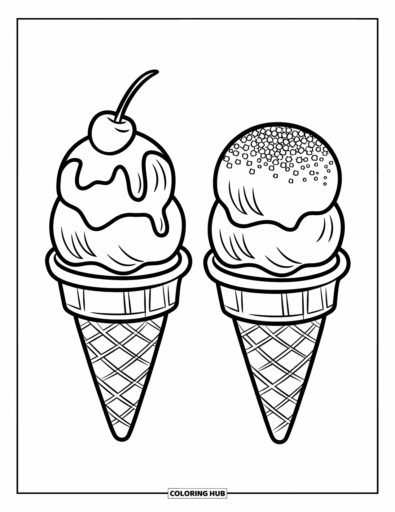 Ice Cream Cone Coloring Page for Kids: Two cones side by side hold scoops topped with a cherry and sugar sprinkles