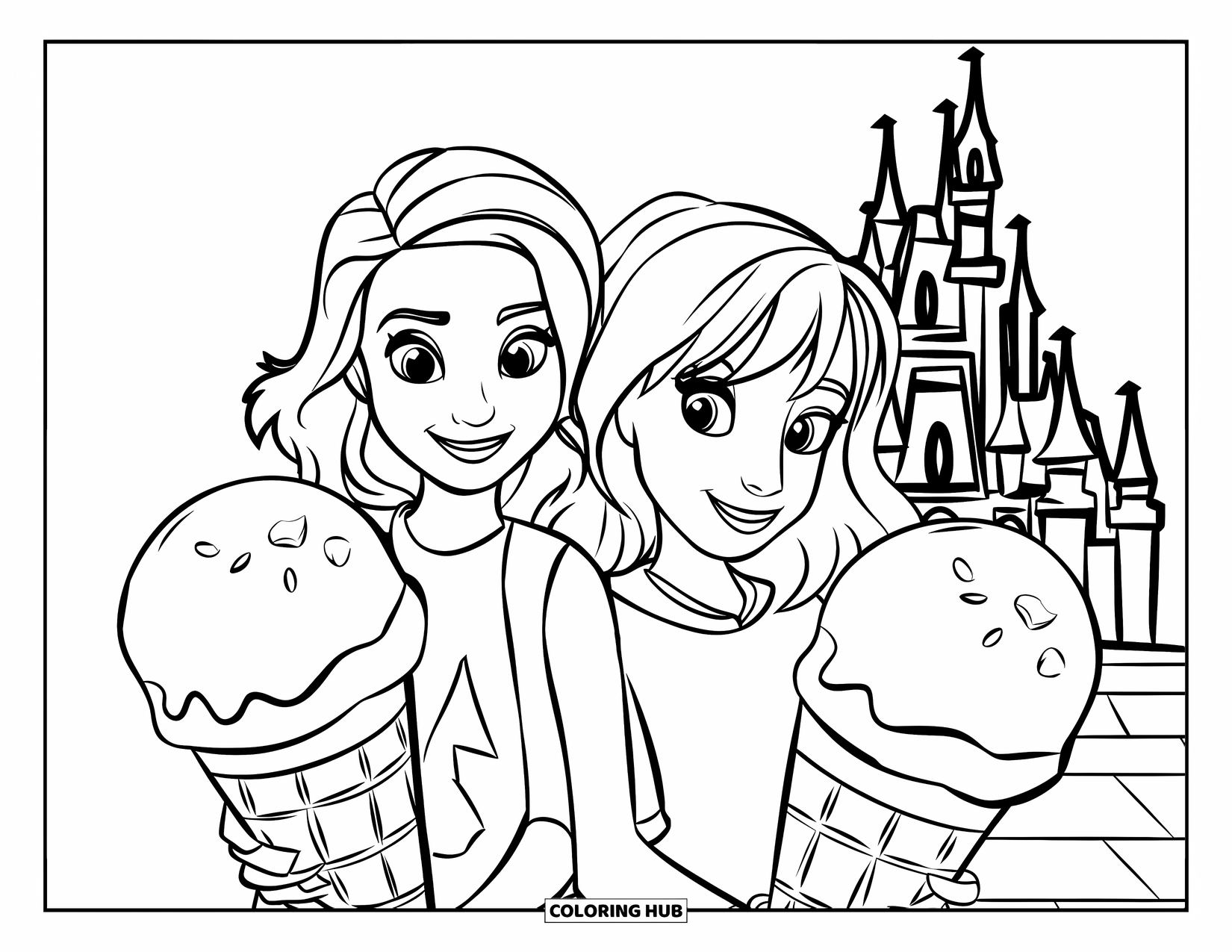 Ice Cream Cone Coloring Page for Kids: Two friends enjoy large ice cream cones with a castle behind them