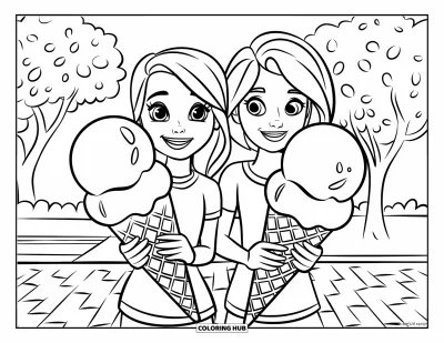 Desenho de casquinha de sorvete para colorir para crianças: Dois amigos seguram grandes casquinhas em pé numa calçada de tijolos com árvores