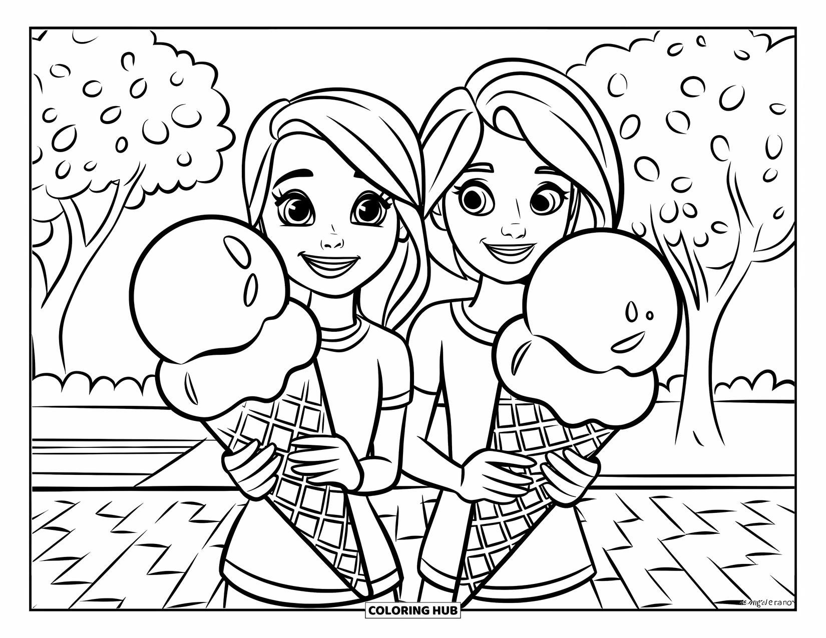 Ice Cream Cone Coloring Page for Kids: Two friends hold big cones while standing on a brick sidewalk with trees