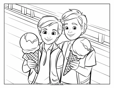 Desenho de casquinha de sorvete para colorir para crianças: Dois amigos sorridentes seguram casquinhas de sorvete num calçadão de madeira