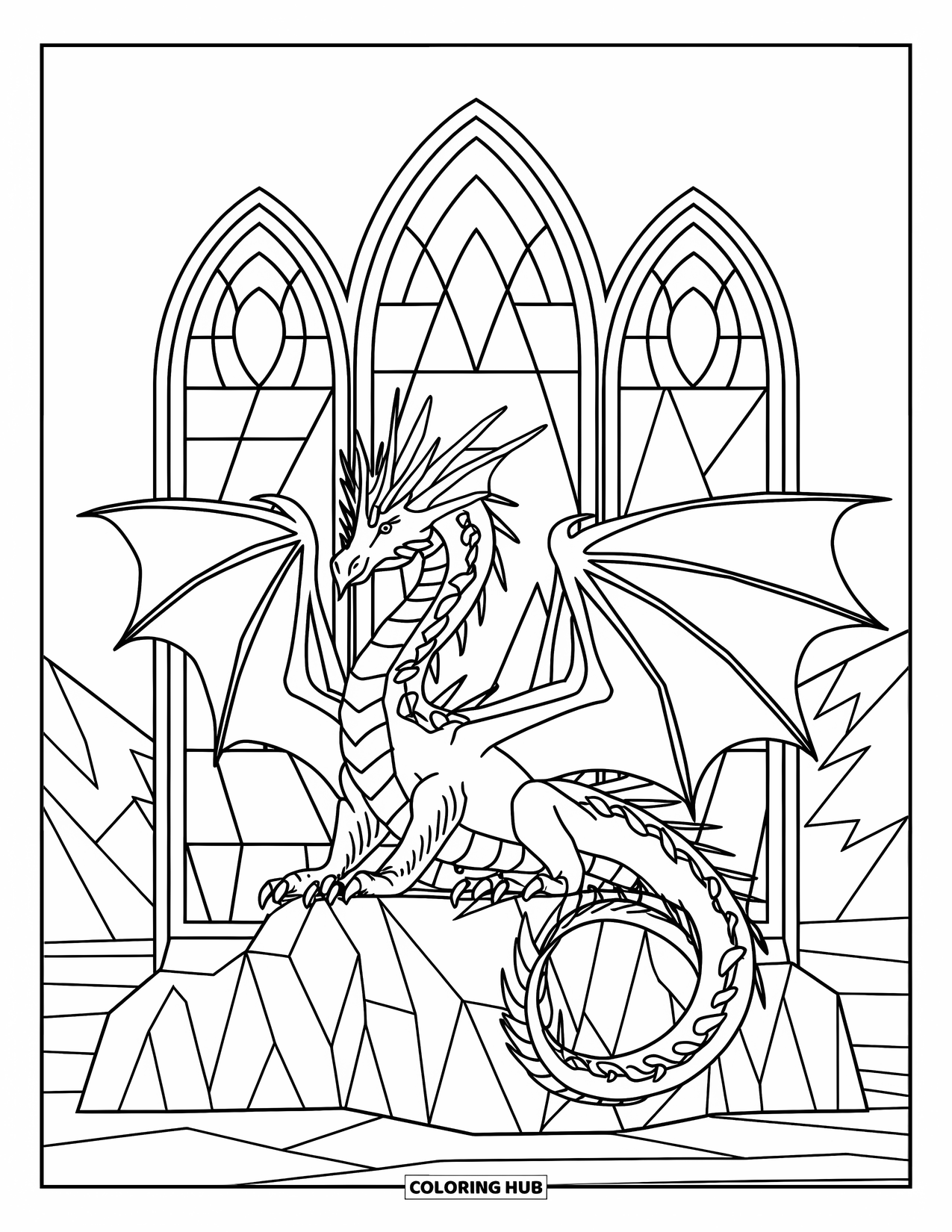 Ice Dragon Coloring Page for Adults: A crowned dragon sits on an icy throne surrounded by stained glass and mountain views