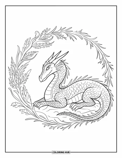 Dibujo de dragón de hielo para colorear para adultos: Un dragón detallado descansa sobre suelo rocoso, rodeado de enredaderas de escarcha y hojas de hielo