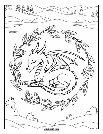 Dibujo de dragón de hielo para colorear para adultos: Un dragón duerme plácidamente dentro de un círculo de enredaderas de escarcha y hojas heladas