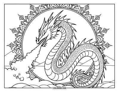 Dibujo de dragón de hielo para colorear para adultos: Un feroz dragón de hielo con ojos brillantes exhala niebla en un paisaje de mandala nevado