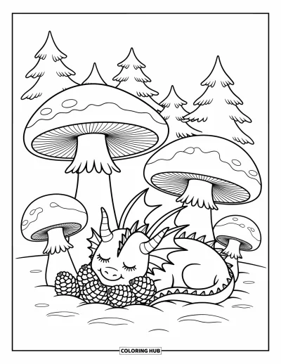 Dibujo de dragón de hielo para colorear para adultos: Un gentil dragón de hielo descansa bajo imponentes hongos cubiertos de una suave capa de nieve