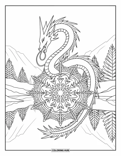 Dibujo de dragón de hielo para colorear para adultos: Un elegante dragón se enrolla alrededor de un mandala de copos de nieve sobre un tranquilo paisaje nevado