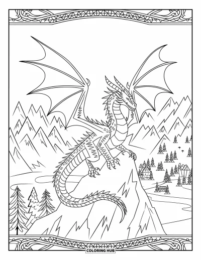 Dibujo de dragón de hielo para colorear para adultos: Un majestuoso dragón de hielo se alza sobre una montaña nevada con un pueblo abajo