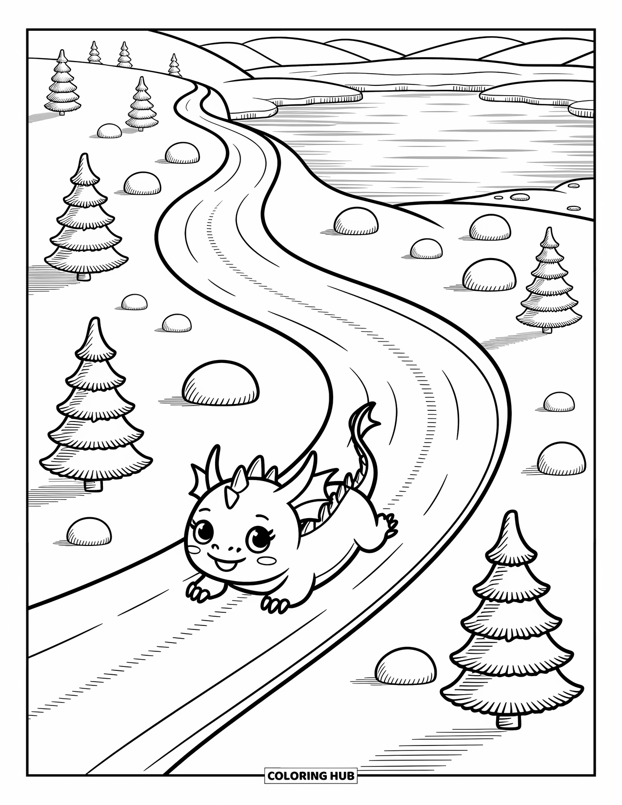 Ice Dragon Coloring Page for Adults: A playful ice dragon belly-slides down a snowy hill past trees and frozen lakes