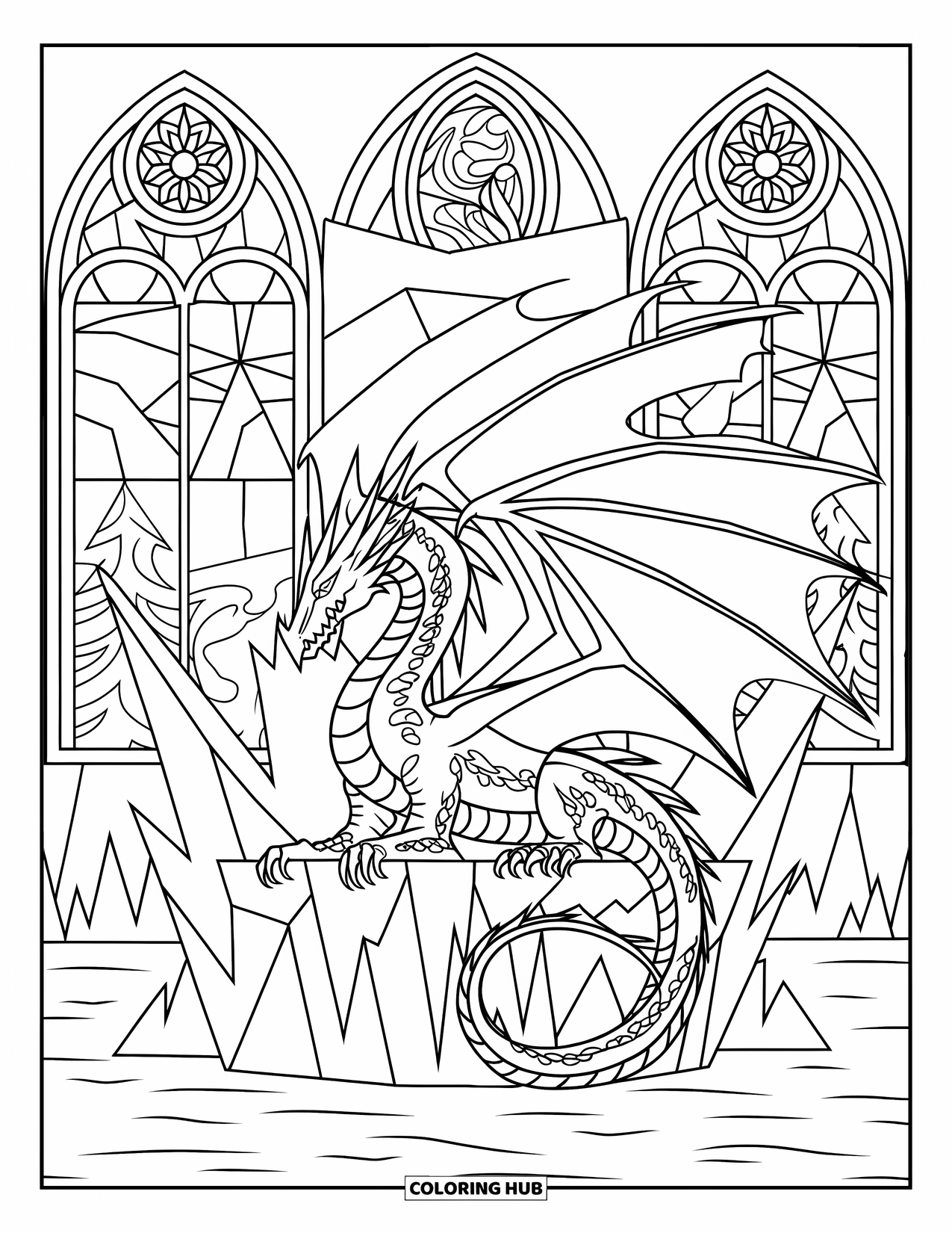 Ice Dragon Coloring Page for Adults: A regal dragon with patterned scales rests on an ice throne near stained glass arches