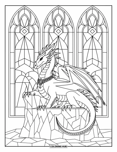 Dibujo de dragón de hielo para colorear para adultos: Un imponente dragón de hielo se sienta en un trono de glaciar bajo arcos de vitral