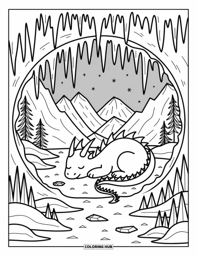 Dibujo de dragón de hielo para colorear para adultos: Un encantador dragón de hielo se acurruca en una cueva redonda de hielo en lo profundo de las montañas