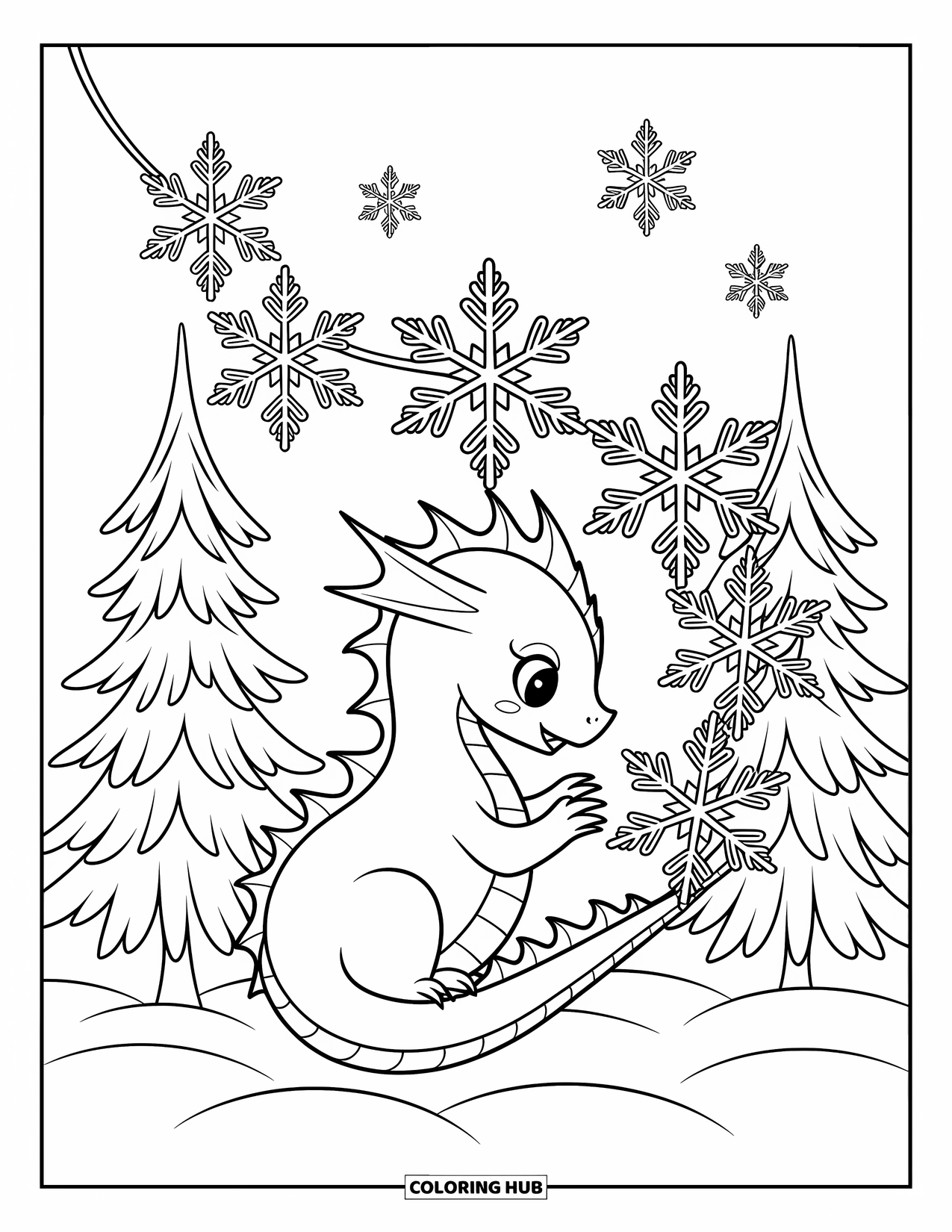 Ice Dragon Coloring Page for Adults: A tiny ice dragon plays with a garland of giant snowflakes between two trees