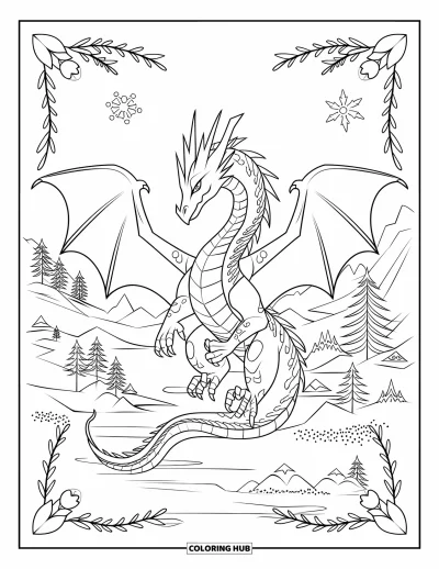 Dibujo de dragón de hielo para colorear para adultos: Un esbelto dragón de hielo despliega sus alas cerca de montañas, árboles y un lago tranquilo