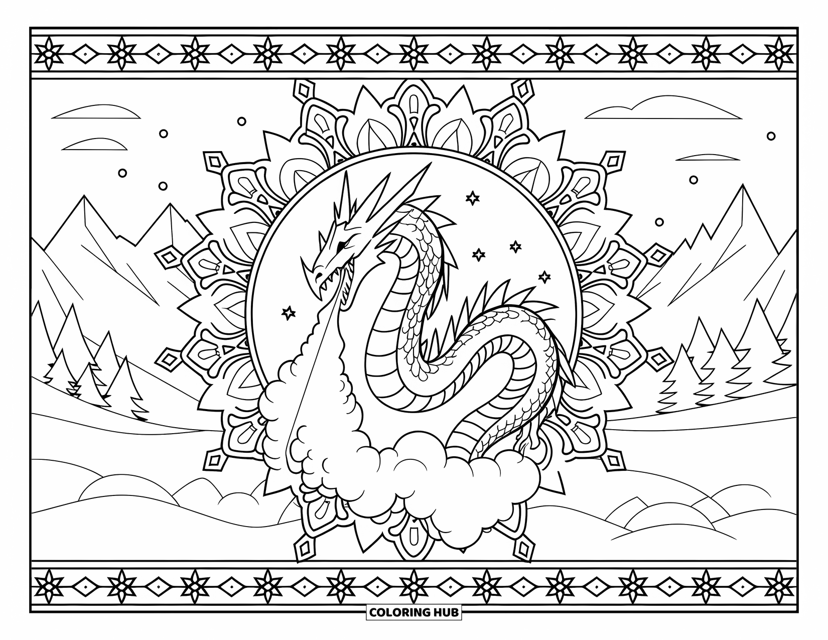 Ice Dragon Coloring Page for Adults: An ice dragon breathes mist, surrounded by a snowflake mandala and snowy mountains