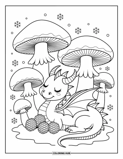 Dibujo de dragón de hielo para colorear para adultos: Un dragón de hielo reposa tranquilo bajo hongos gigantes con piñas anidadas entre sus alas
