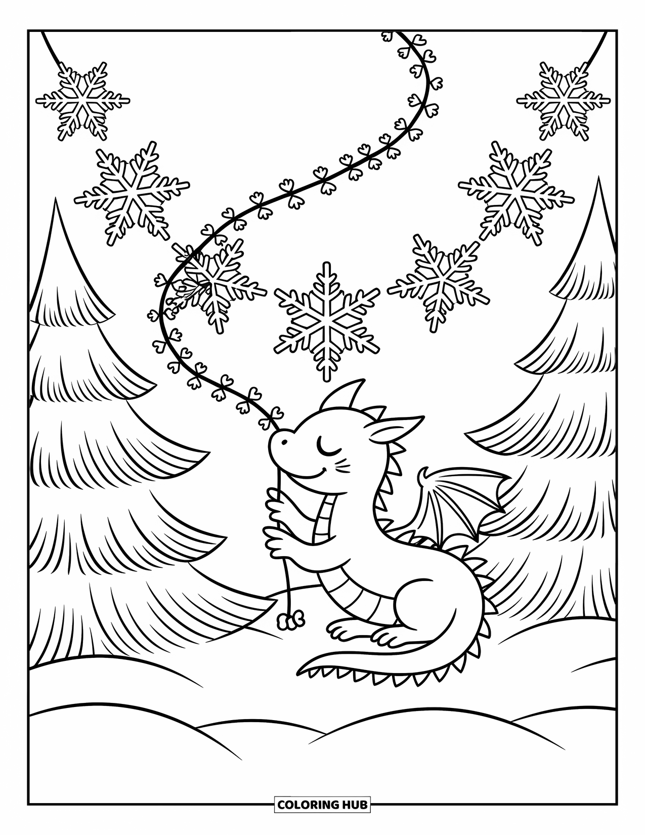 Ice Dragon Coloring Page for Adults: An ice dragon plays with oversized snowflakes hanging between two small snowy trees