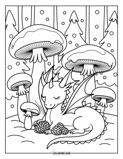 Dibujo de dragón de hielo para colorear para adultos: Un dragón de hielo descansa entre hongos nevados gigantes sujetando un ramo de piñas
