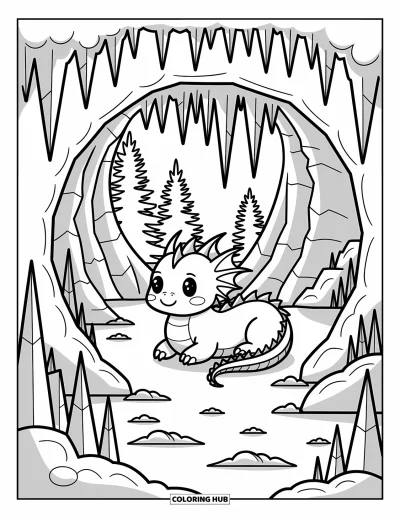 Dibujo de dragón de hielo para colorear para adultos: Un dragón de hielo descansa en una acogedora cueva de hielo rodeada de carámbanos y cristales de nieve