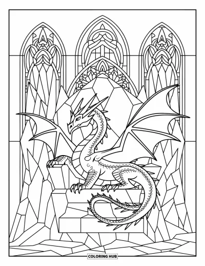 Dibujo de dragón de hielo para colorear para adultos: Un dragón de hielo se sienta orgulloso en un trono de glaciar enmarcado por arcos y patrones de hielo