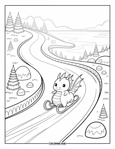 Dibujo de dragón de hielo para colorear para adultos: Un dragón de hielo se desliza por una colina nevada usando su barriga como trineo