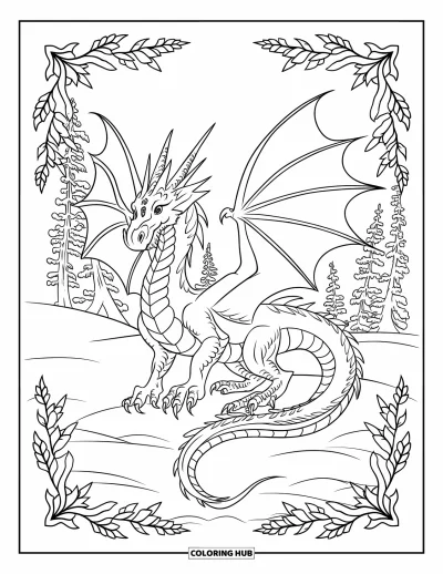 Dibujo de dragón de hielo para colorear para adultos: Un dragón de hielo despliega sus alas entre plantas heladas y árboles nevados