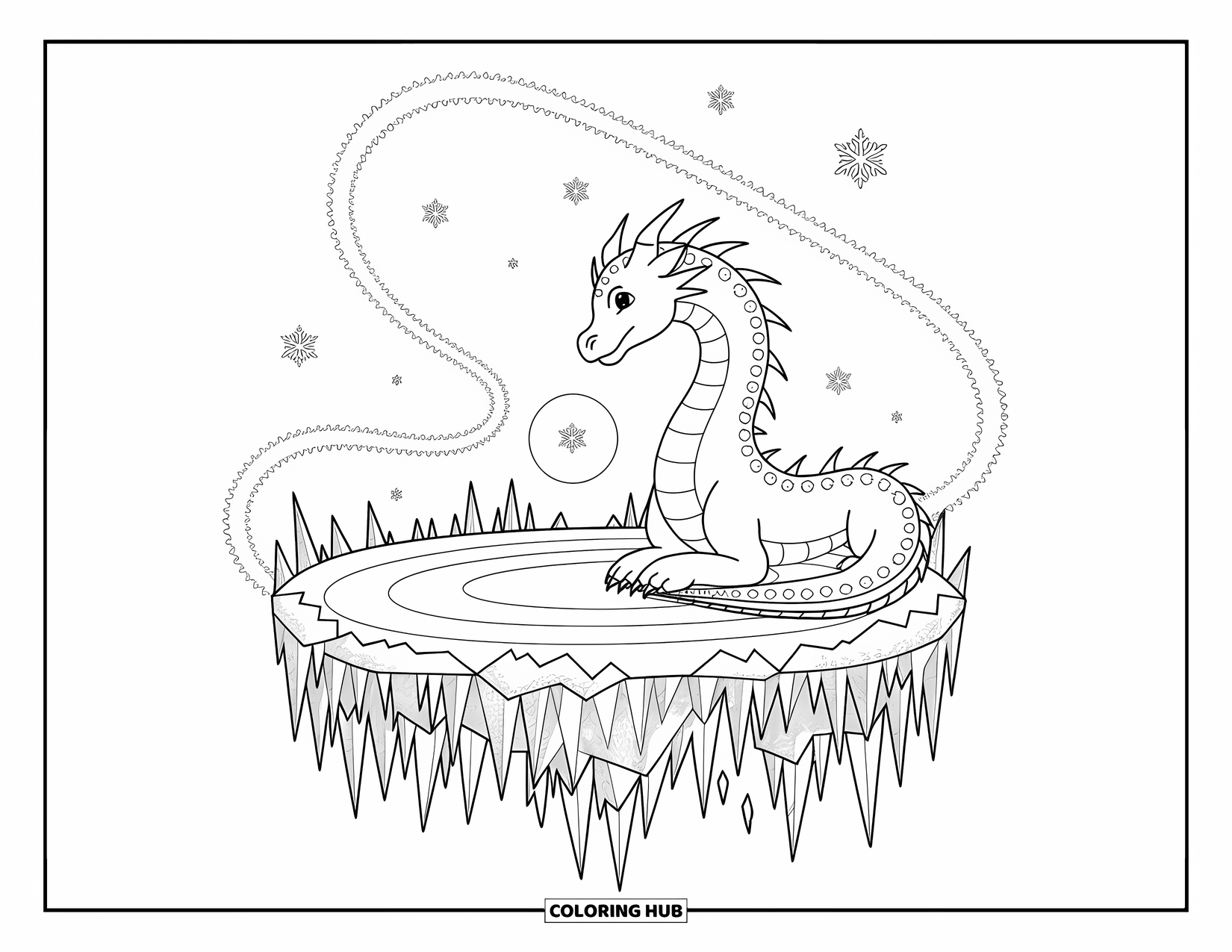 Ice Dragon Coloring Page for Adults: An ice dragon stares curiously at a glowing orb swirling with snow and mist