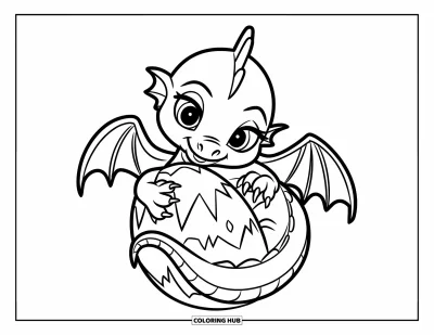 Dibujo de dragón de hielo para colorear para niños: Un dragón bebé se enrolla alrededor de un huevo congelado en una pose acogedora