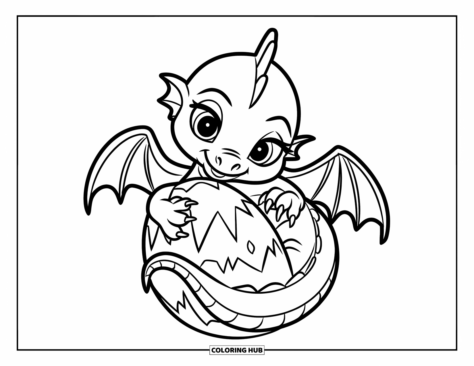 Ice Dragon Coloring Page for Kids: A baby dragon curls around a frozen egg in a cozy pose