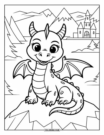 Dibujo de dragón de hielo para colorear para niños: Un dragón rechoncho con alas de carámbano se sienta feliz en una montaña nevada