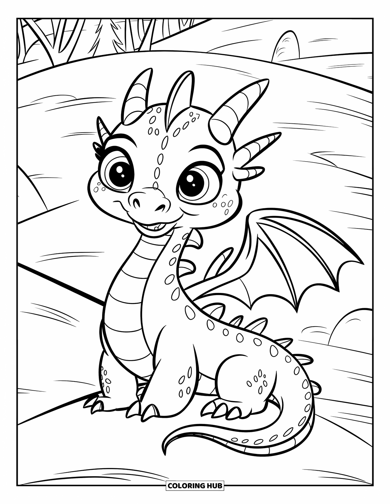Ice Dragon Coloring Page for Kids: A cute dragon with tiny wings sits happily on a snow-covered hill