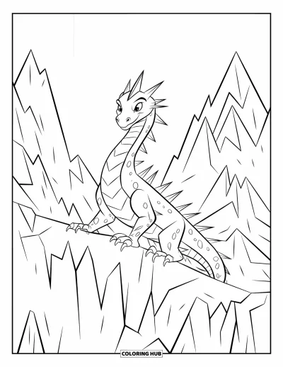 Dibujo de dragón de hielo para colorear para niños: Un dragón con largas púas mira al frente desde su posición en acantilados helados