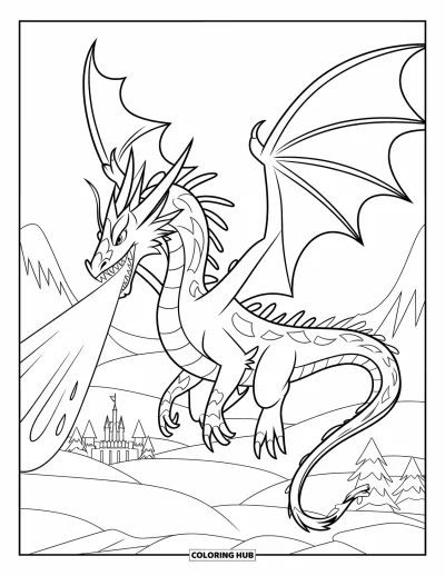 Dibujo de dragón de hielo para colorear para niños: Un feroz dragón de hielo sopla viento gélido sobre un reino nevado de montañas