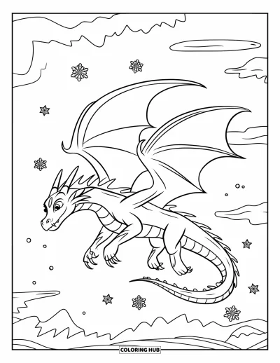 Dibujo de dragón de hielo para colorear para niños: Un dragón de cuatro patas planea entre la nieve arremolinada bajo un cielo nublado