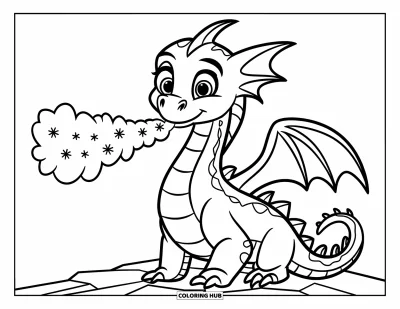 Dibujo de dragón de hielo para colorear para niños: Un dragón simpático se sienta soplando aire frío y copos de nieve al viento