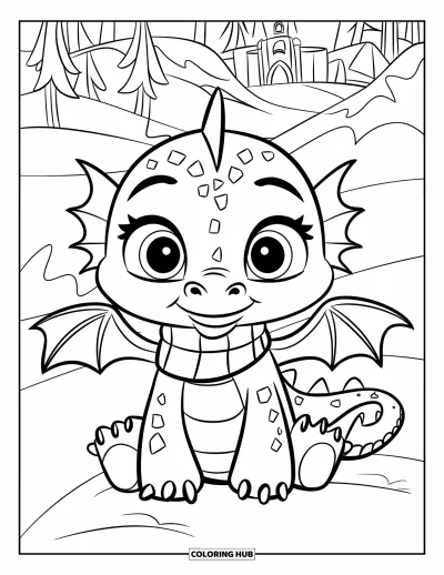 Dibujo de dragón de hielo para colorear para niños: Un dragón gentil se sienta en una colina nevada con árboles y un castillo al fondo