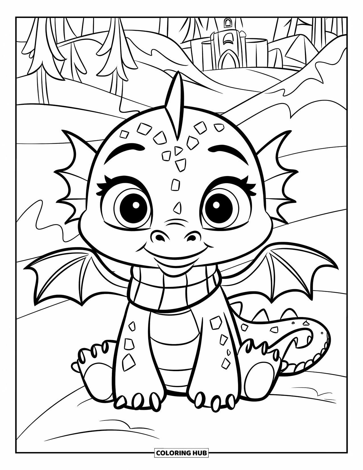 Ice Dragon Coloring Page for Kids: A gentle dragon sits on a snowy hill with trees and a castle behind