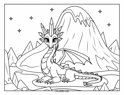Dibujo de dragón de hielo para colorear para niños: Un dragón de cola larga con alas se sienta tranquilo junto a una cima redondeada de hielo