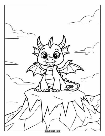Dibujo de dragón de hielo para colorear para niños: Un dragón juguetón con alas de carámbano se sienta en una montaña bajo nubes esponjosas